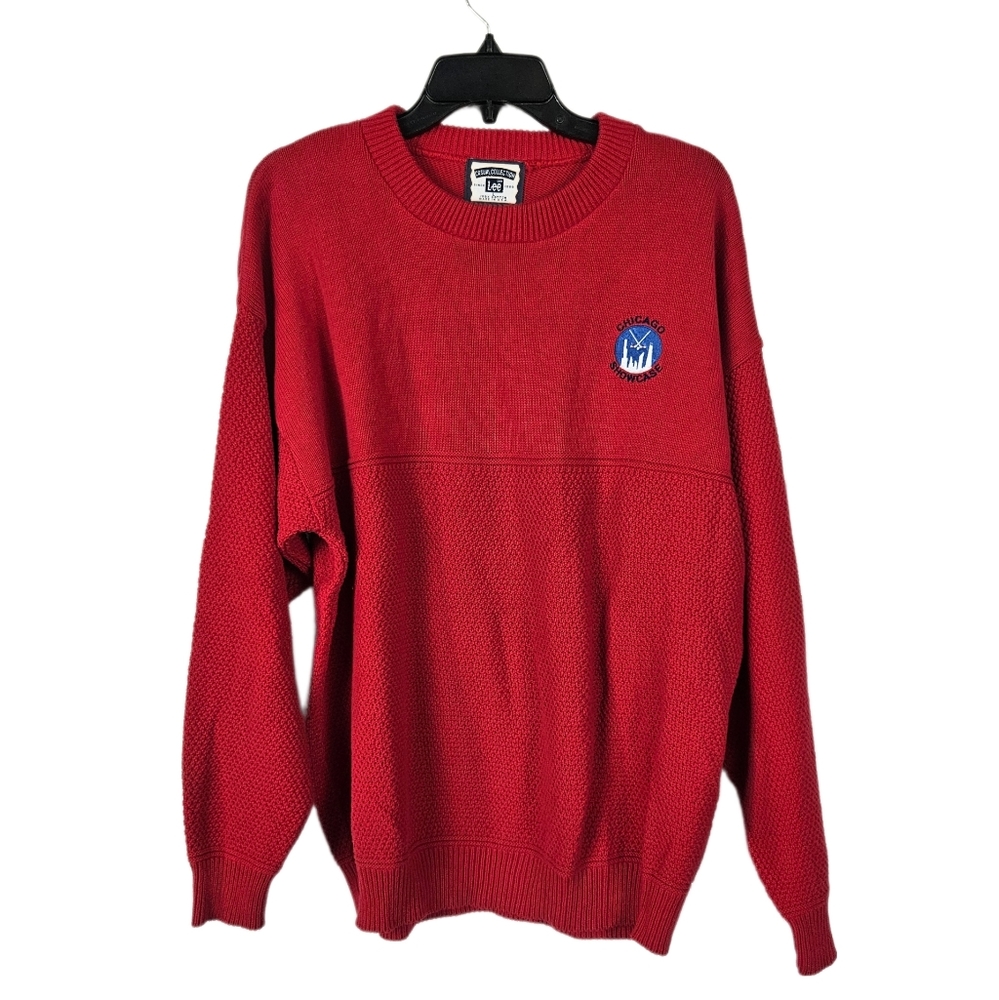 Vintage Sweater Chicago Showcase Hockey Red Lee Knit Mens L Crewneck USA Cotton